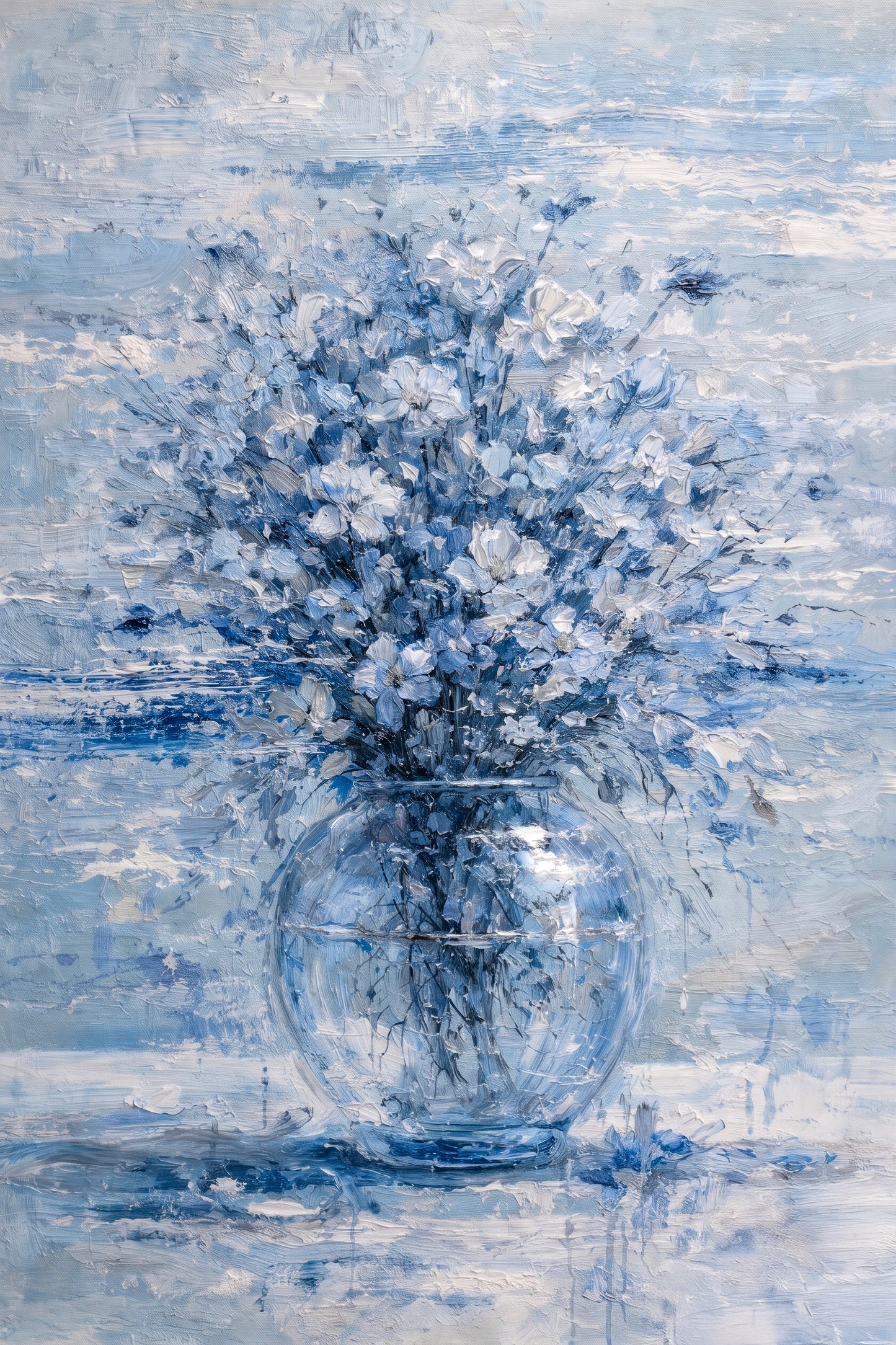 Blue Floral Painting Glass Vase Neutral Luxury Wall Art