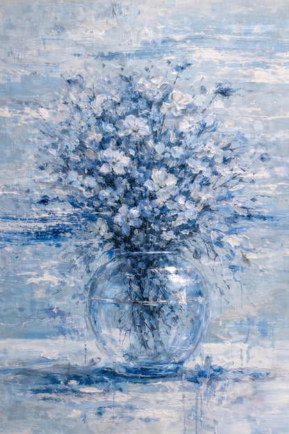 Blue Floral Painting Glass Vase Neutral Luxury Wall Art