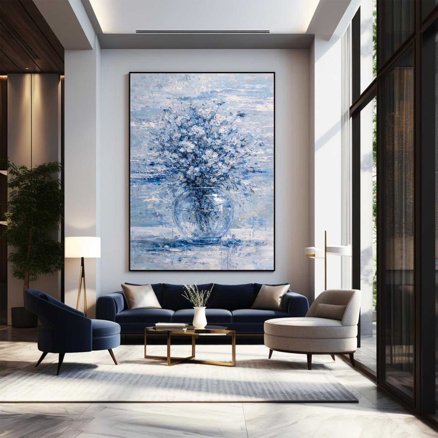 Blue Floral Painting Glass Vase Neutral Luxury Wall Art