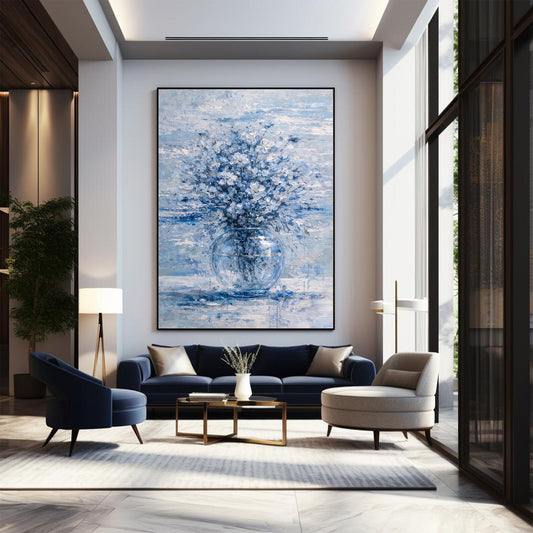 Blue Floral Painting Glass Vase Neutral Luxury Wall Art