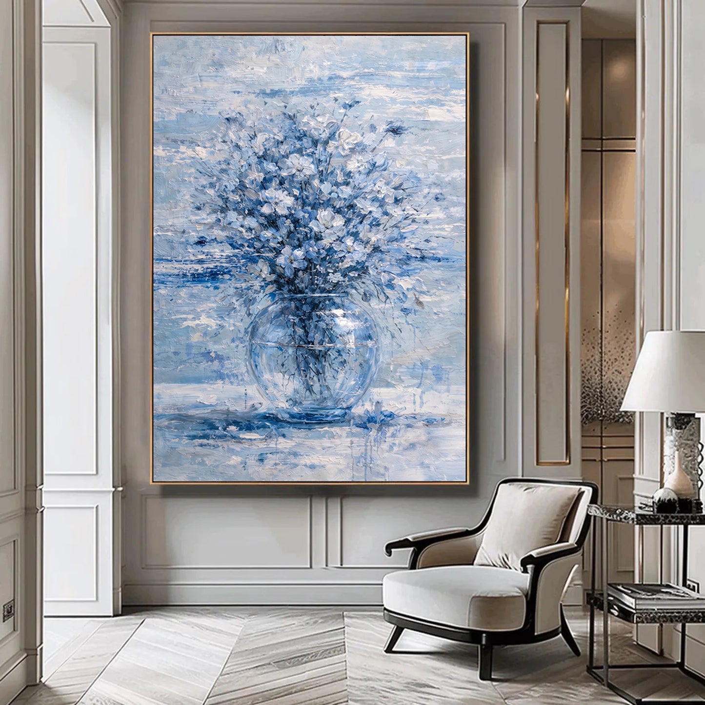 Blue Floral Painting Glass Vase Neutral Luxury Wall Art