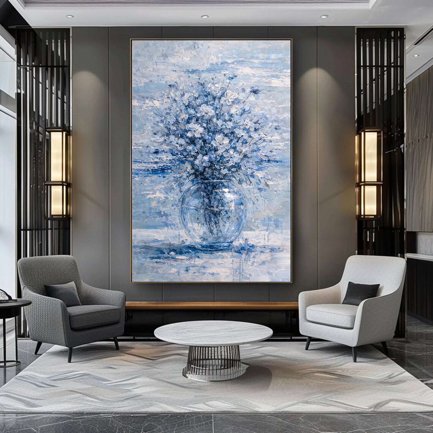 Blue Floral Painting Glass Vase Neutral Luxury Wall Art