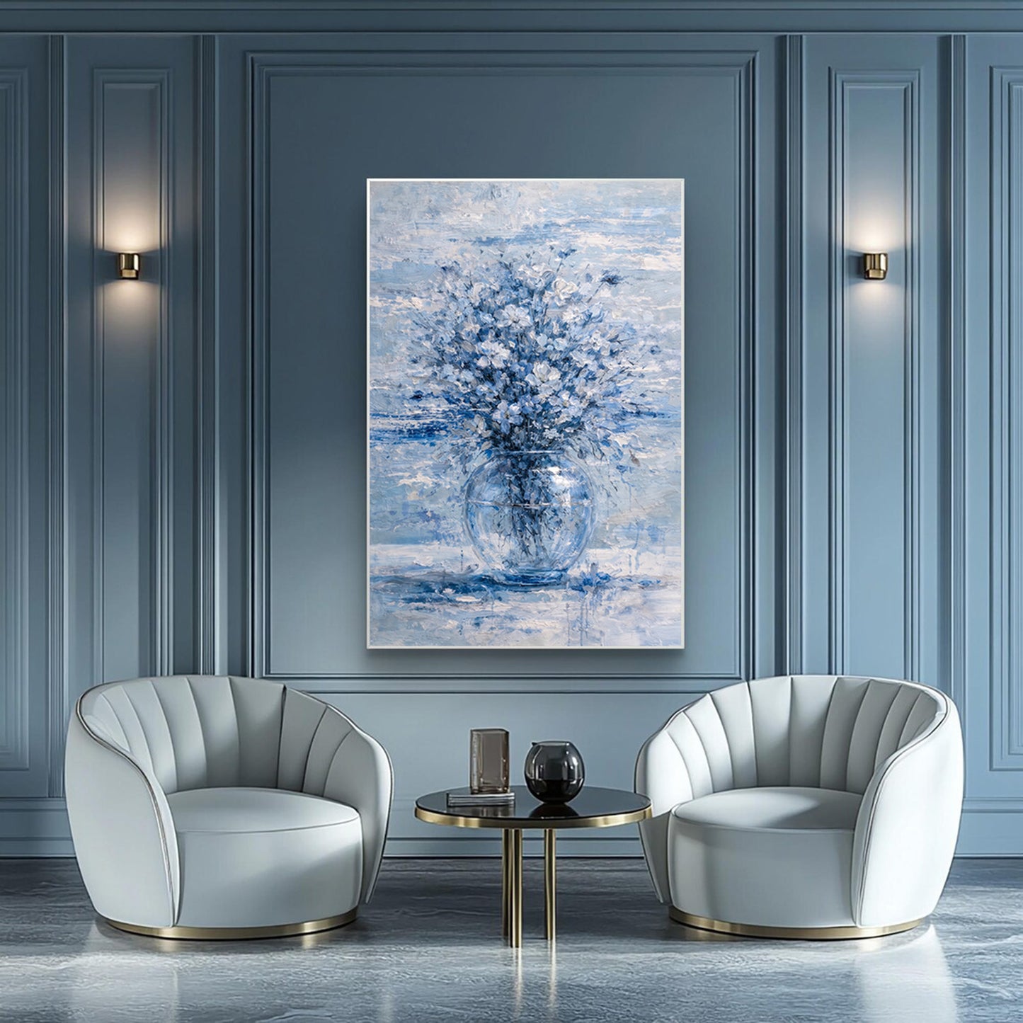Blue Floral Painting Glass Vase Neutral Luxury Wall Art