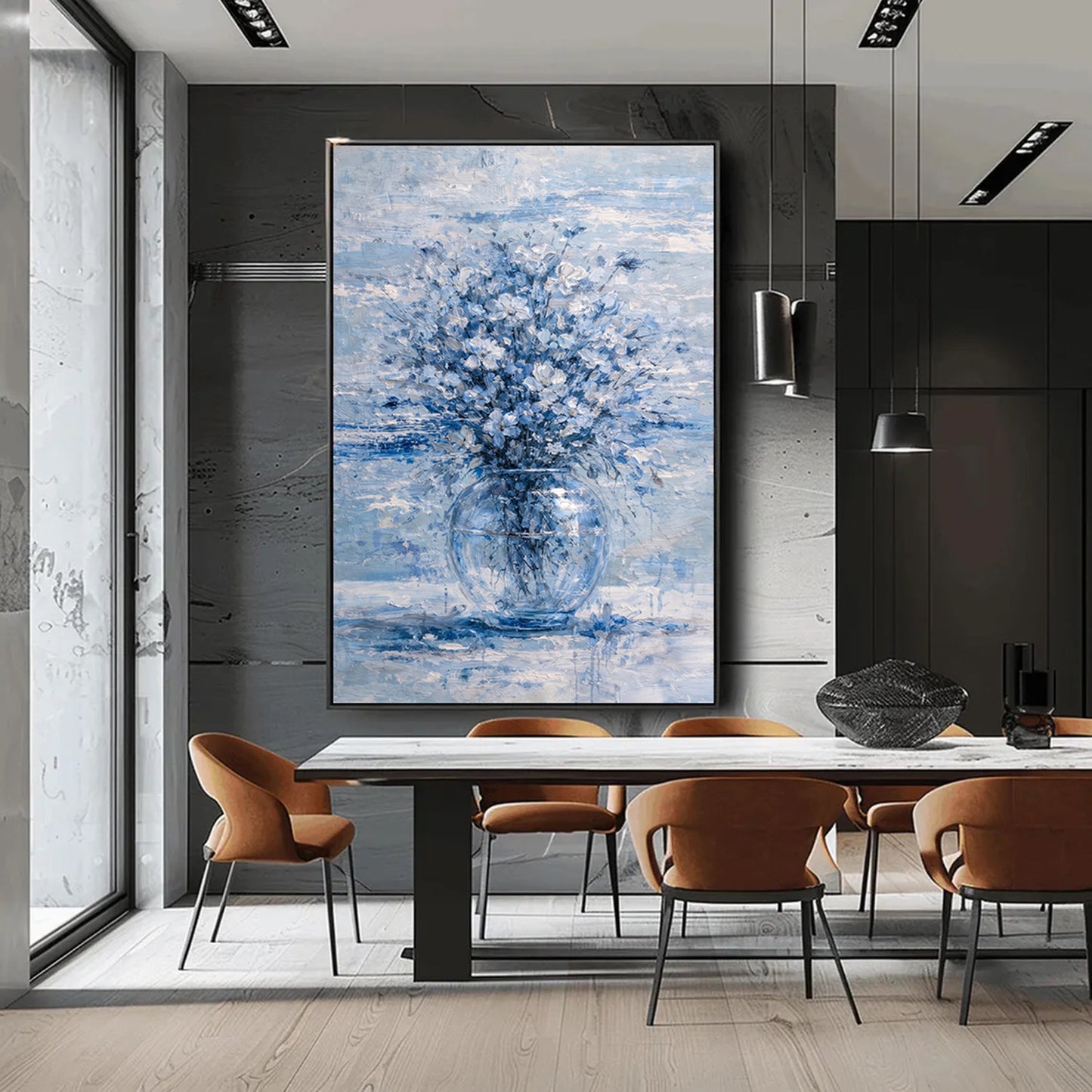 Blue Floral Painting Glass Vase Neutral Luxury Wall Art
