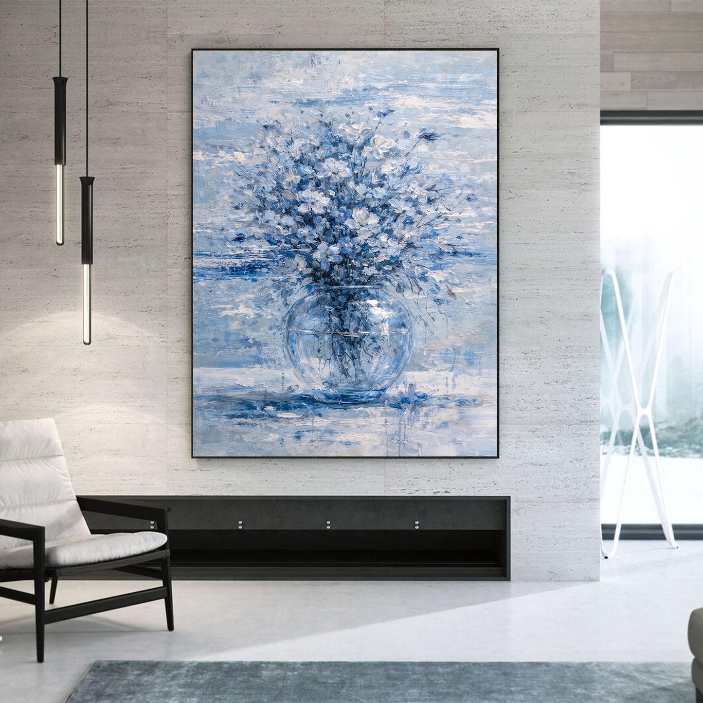 Blue Floral Painting Glass Vase Neutral Luxury Wall Art
