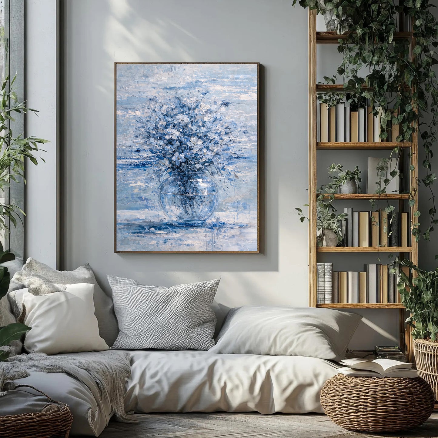 Blue Floral Painting Glass Vase Neutral Luxury Wall Art
