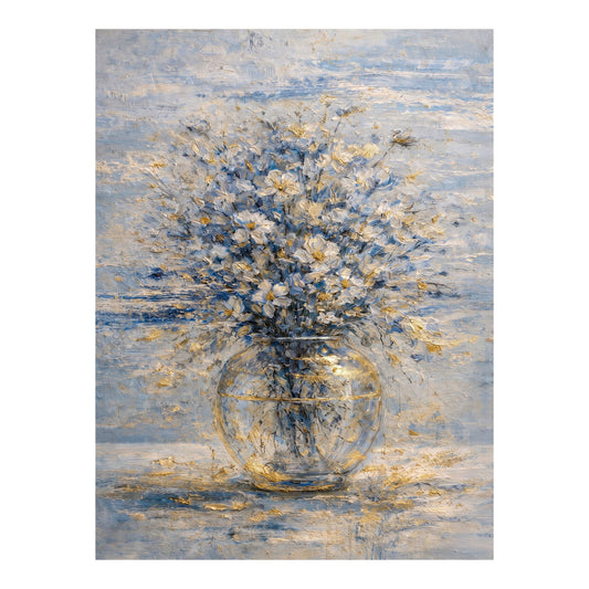 Blue & Gold Floral Painting Glass Vase Luxury Neutral Wall Art