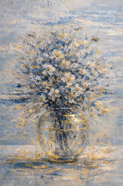 Blue & Gold Floral Painting Glass Vase Luxury Neutral Wall Art