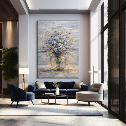 Blue & Gold Floral Painting Glass Vase Luxury Neutral Wall Art