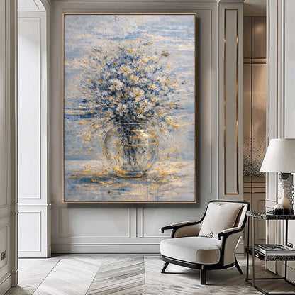 Blue & Gold Floral Painting Glass Vase Luxury Neutral Wall Art