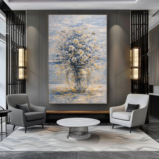 Blue & Gold Floral Painting Glass Vase Luxury Neutral Wall Art