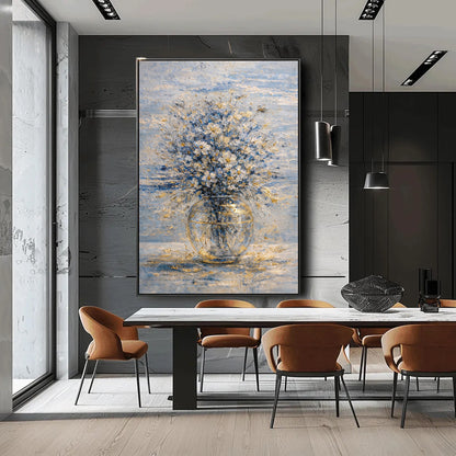 Blue & Gold Floral Painting Glass Vase Luxury Neutral Wall Art