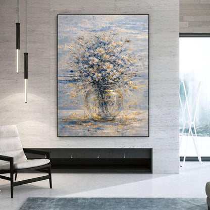Blue & Gold Floral Painting Glass Vase Luxury Neutral Wall Art