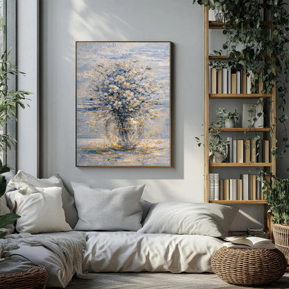 Blue & Gold Floral Painting Glass Vase Luxury Neutral Wall Art