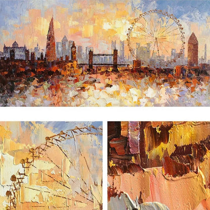 Collage of the warm-toned London skyline painting with close-ups of the London Eye and thick textured paint strokes.