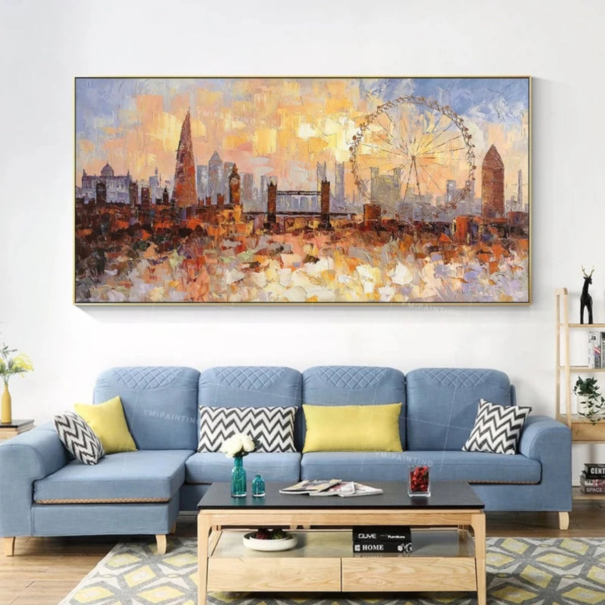 Room mockup showing london skyline with the Shard, Tower Bridge, London Eye and Big Ben beneath a warm yellow-orange sky.
