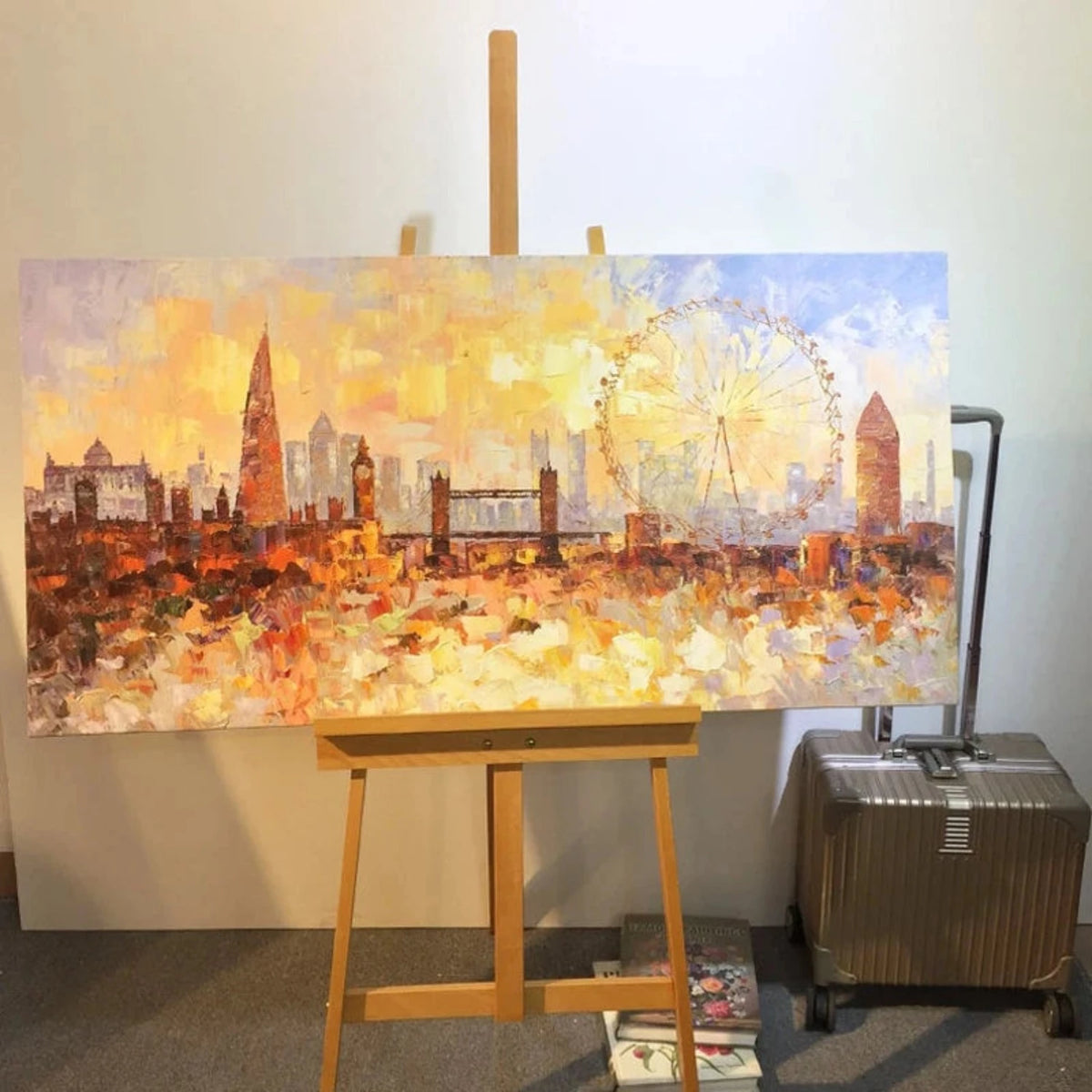 Room mockup showing london skyline with the Shard, Tower Bridge, London Eye and Big Ben beneath a warm yellow-orange sky.
