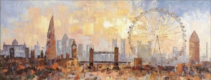 London skyline with the Shard, Tower Bridge, London Eye and Big Ben beneath a warm yellow-orange sky.
