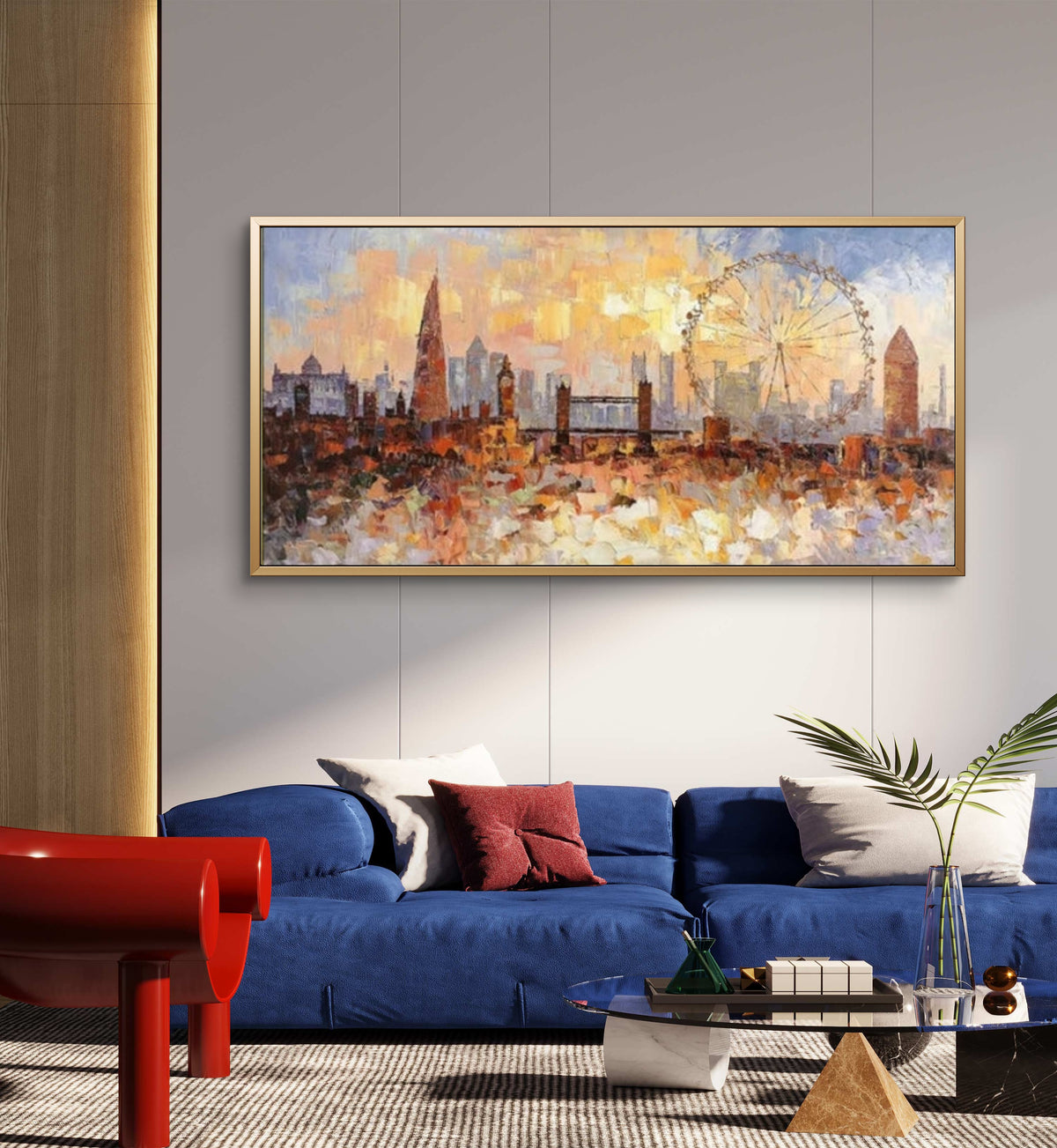 Room mockup showing london skyline with the Shard, Tower Bridge, London Eye and Big Ben beneath a warm yellow-orange sky.