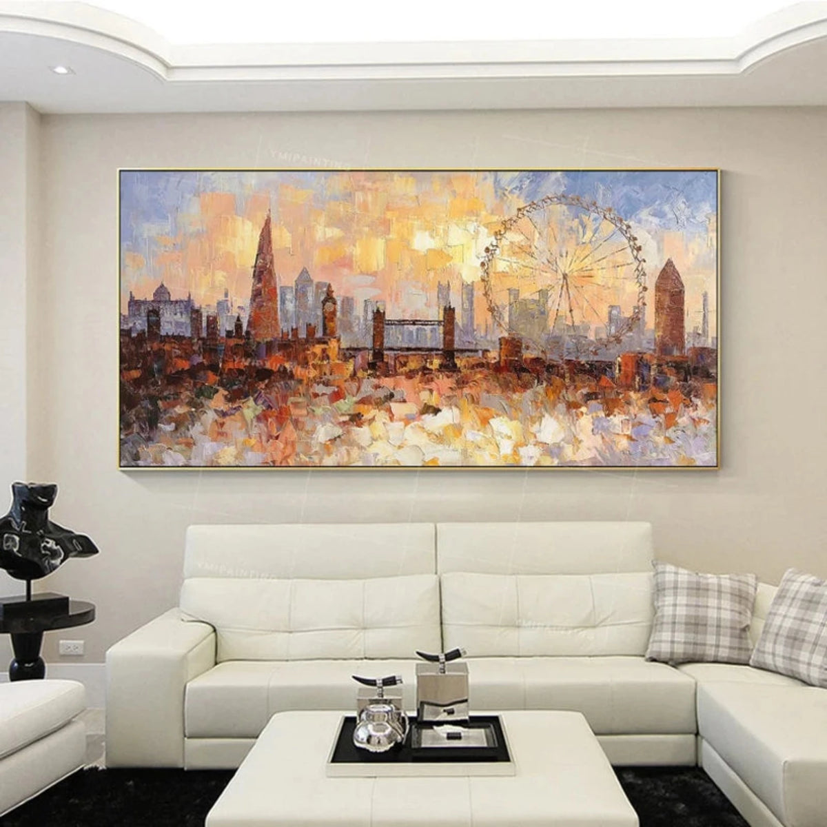 Room mockup showing london skyline with the Shard, Tower Bridge, London Eye and Big Ben beneath a warm yellow-orange sky.