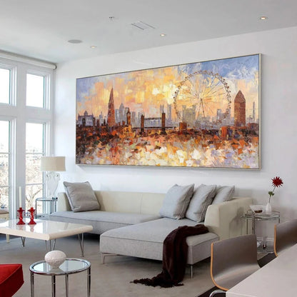 Room mockup showing london skyline with the Shard, Tower Bridge, London Eye and Big Ben beneath a warm yellow-orange sky.