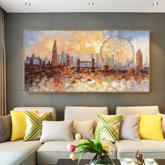 Room mockup showing london skyline with the Shard, Tower Bridge, London Eye and Big Ben beneath a warm yellow-orange sky.