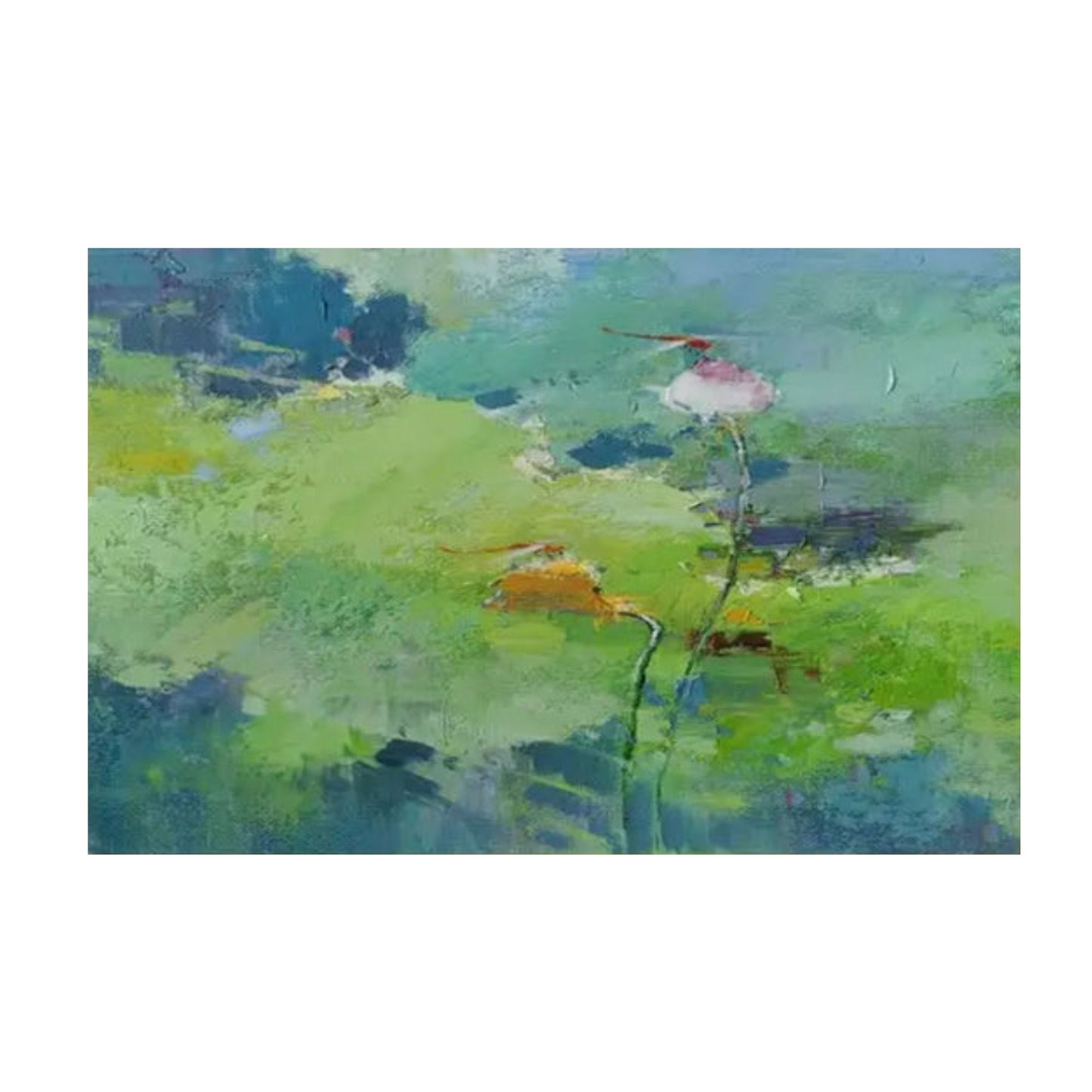 Abstract painting with green, blue, and pink colors on a white background