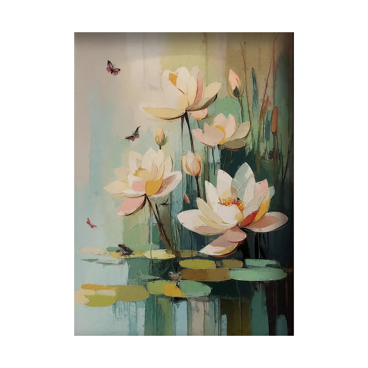 Hand-painted canvas featuring pale lotus flowers rising from green leaves above still water.