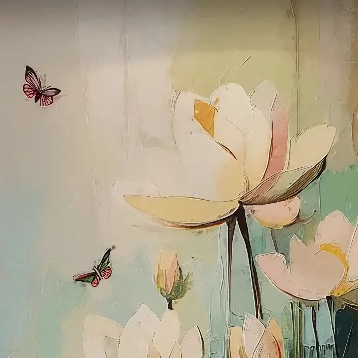 Hand-painted canvas featuring pale lotus flowers rising from green leaves above still water.