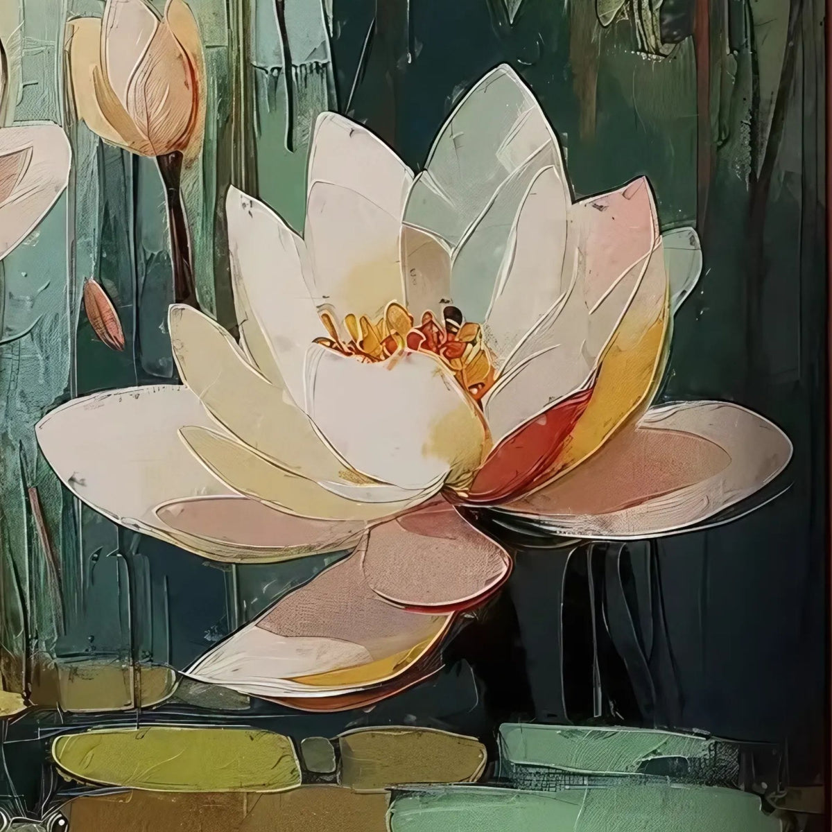 Hand-painted canvas featuring pale lotus flowers rising from green leaves above still water.