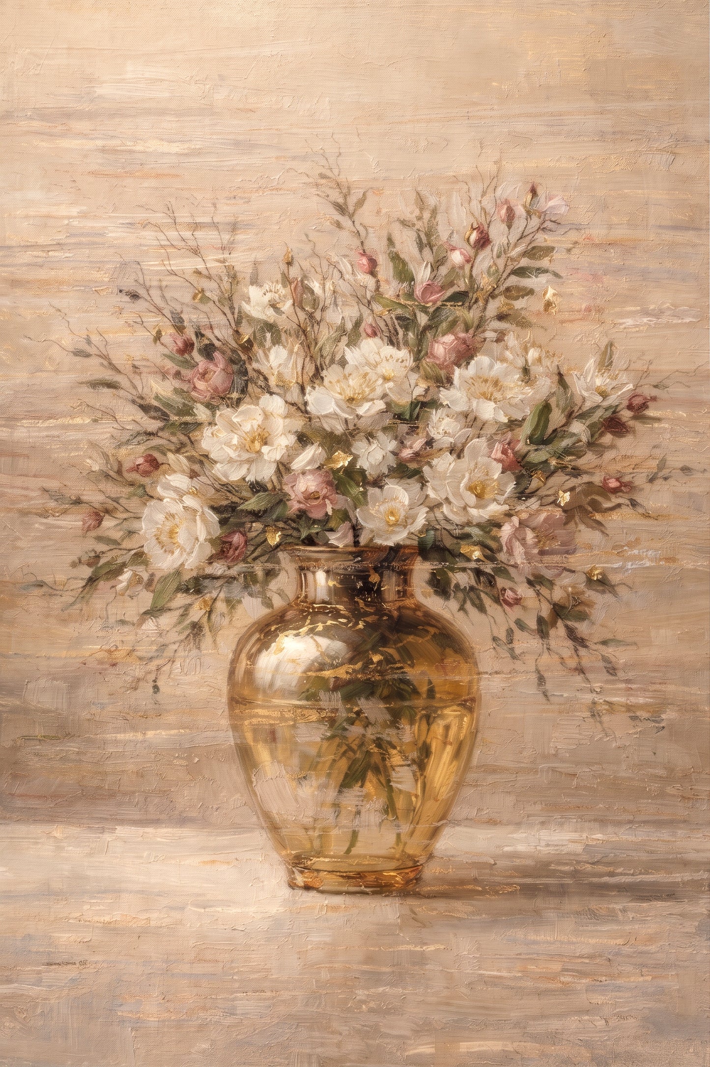 Beige Floral Vase Painting with Gold Luxury Texture