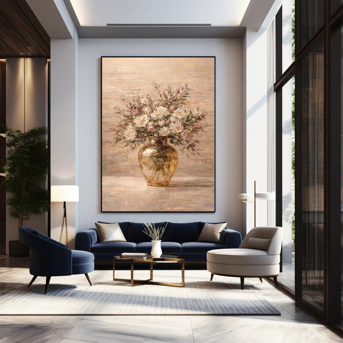 Beige Floral Vase Painting with Gold Luxury Texture