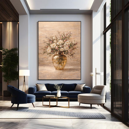 Beige Floral Vase Painting with Gold Luxury Texture