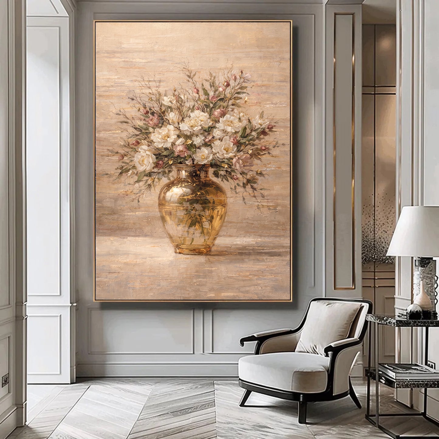 Beige Floral Vase Painting with Gold Luxury Texture