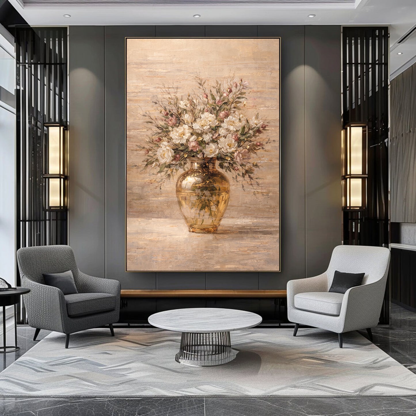 Beige Floral Vase Painting with Gold Luxury Texture