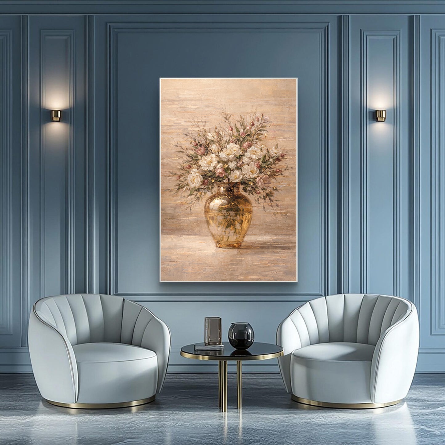 Beige Floral Vase Painting with Gold Luxury Texture