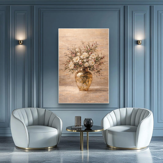 Beige Floral Vase Painting with Gold Luxury Texture