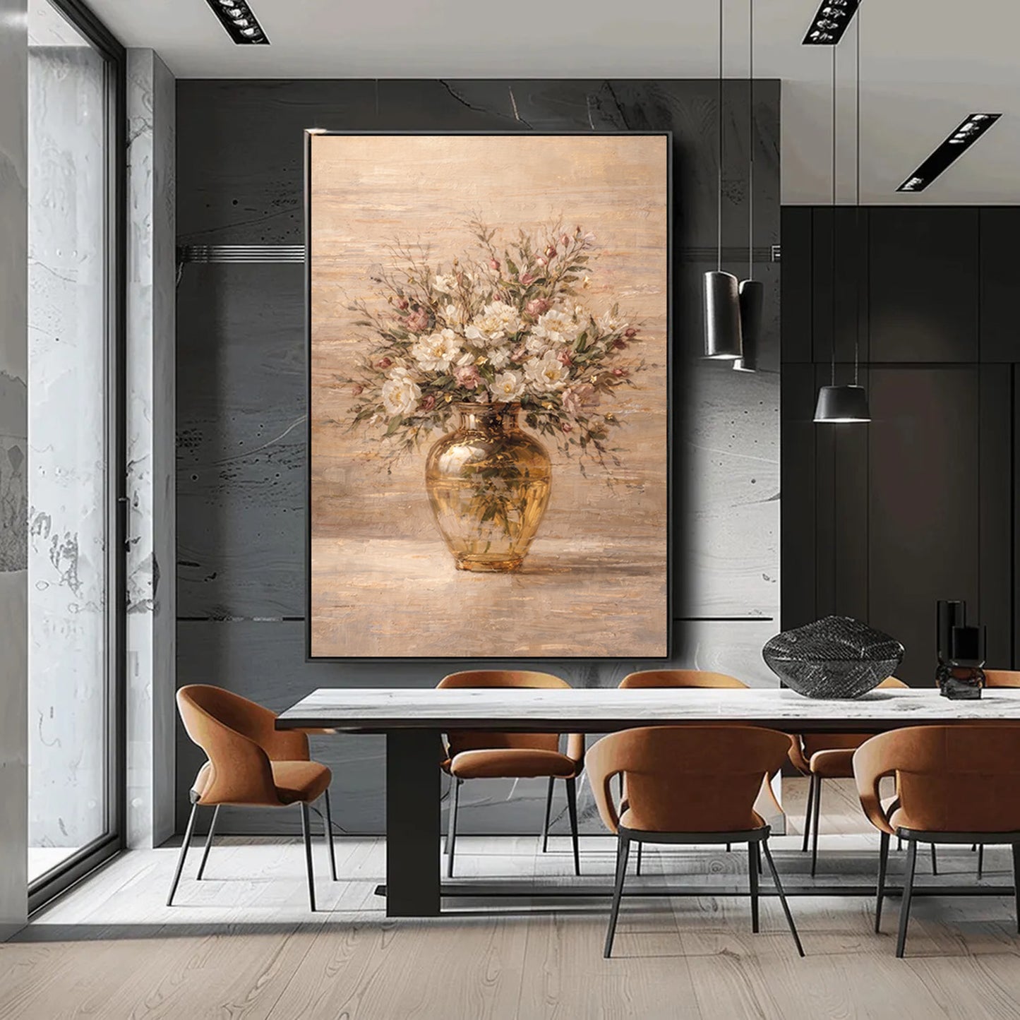 Beige Floral Vase Painting with Gold Luxury Texture