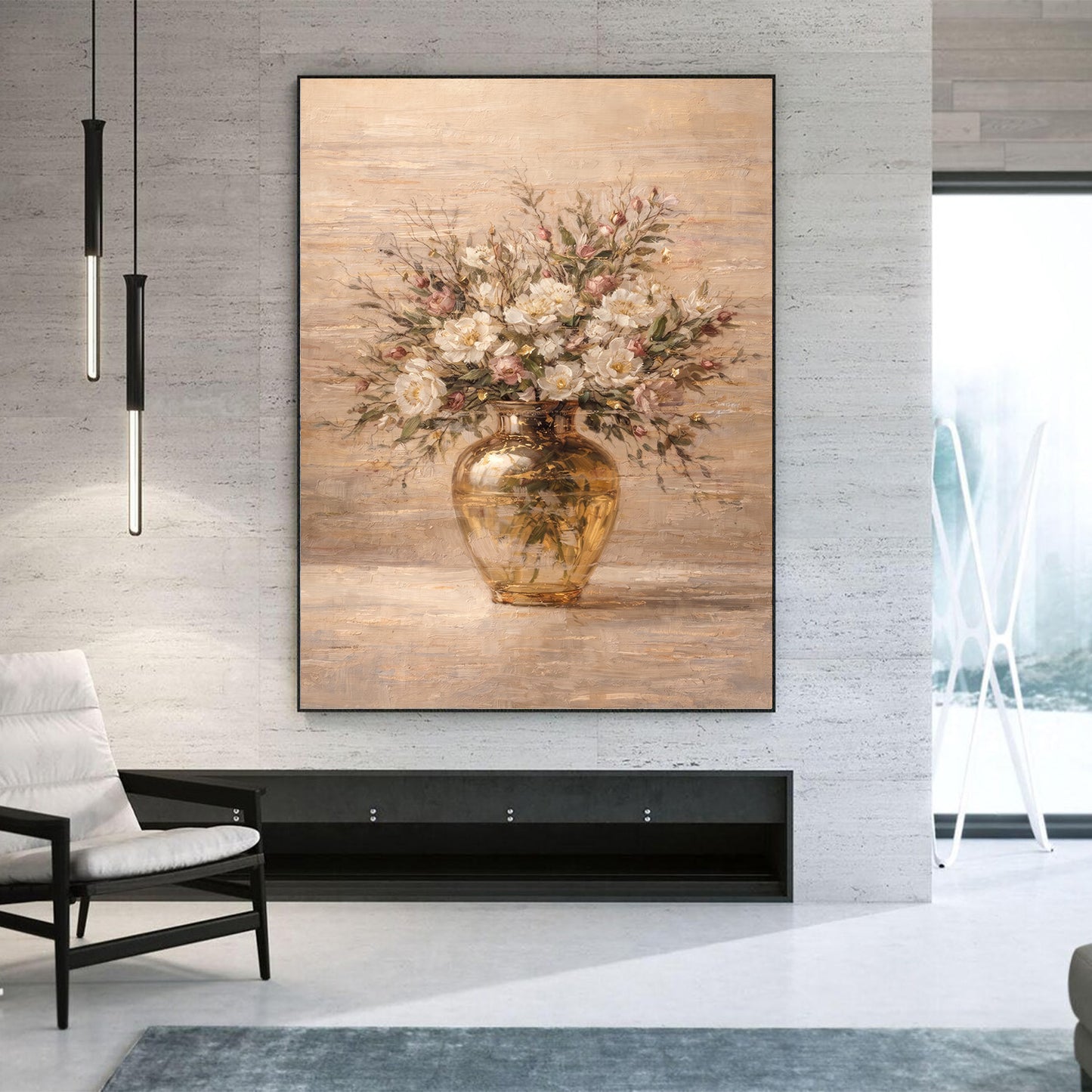 Beige Floral Vase Painting with Gold Luxury Texture