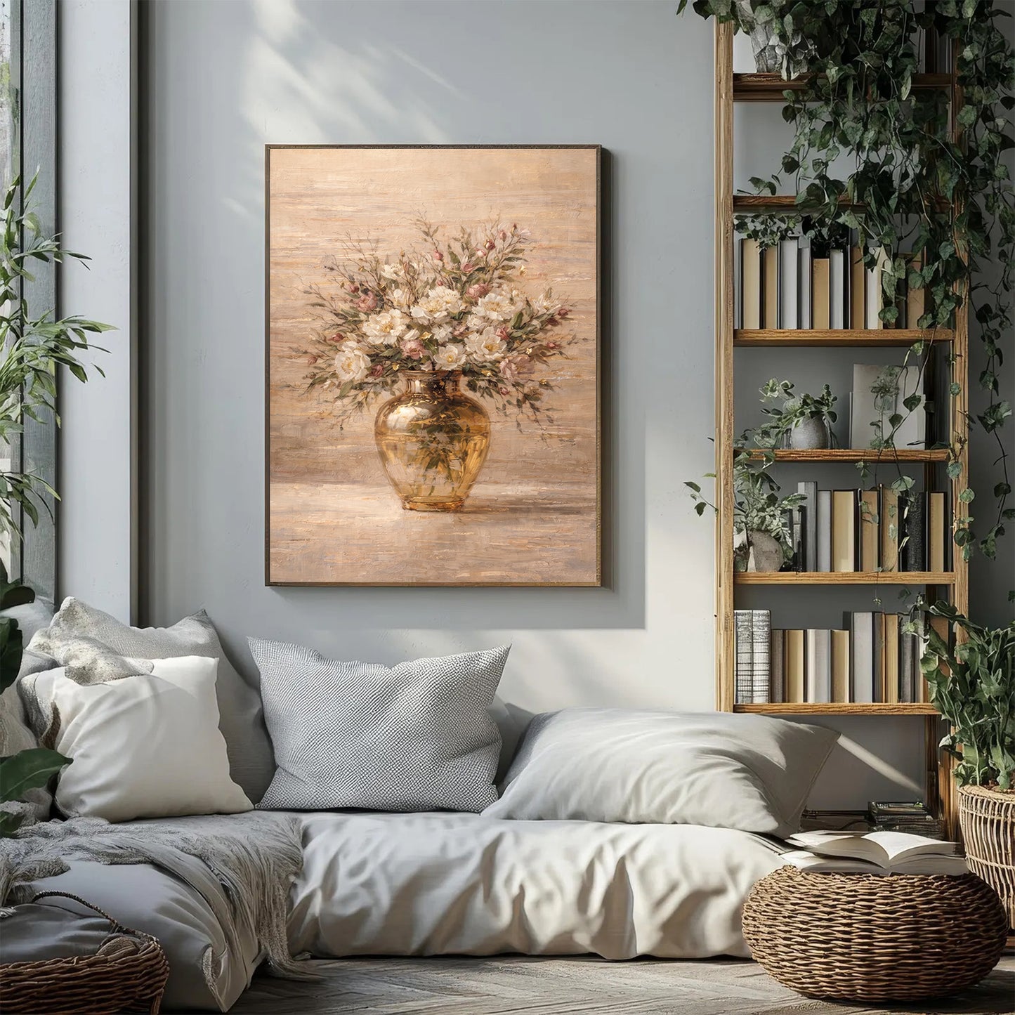 Beige Floral Vase Painting with Gold Luxury Texture