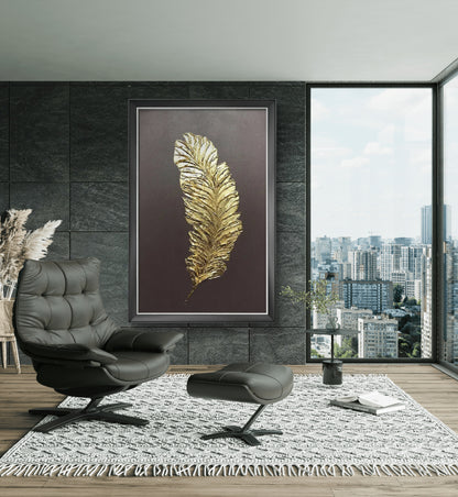Golden Feather Elegance – Textured Metallic Leaf Hand-Painted Canvas