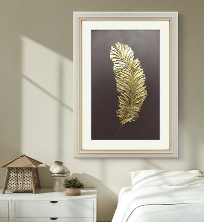 Golden Feather Elegance – Textured Metallic Leaf Hand-Painted Canvas