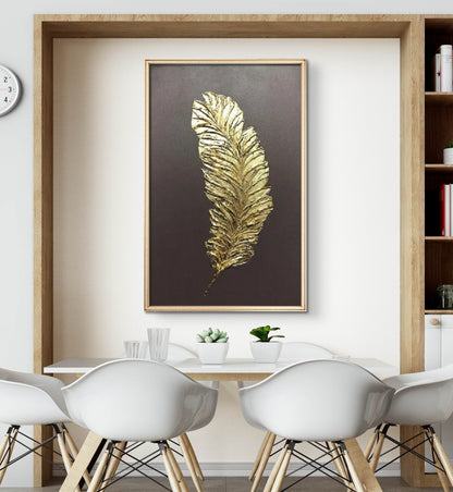 Golden Feather Elegance – Textured Metallic Leaf Hand-Painted Canvas