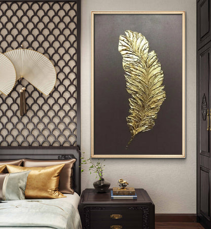 Golden Feather Elegance – Textured Metallic Leaf Hand-Painted Canvas