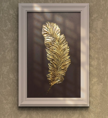 Golden Feather Elegance – Textured Metallic Leaf Hand-Painted Canvas