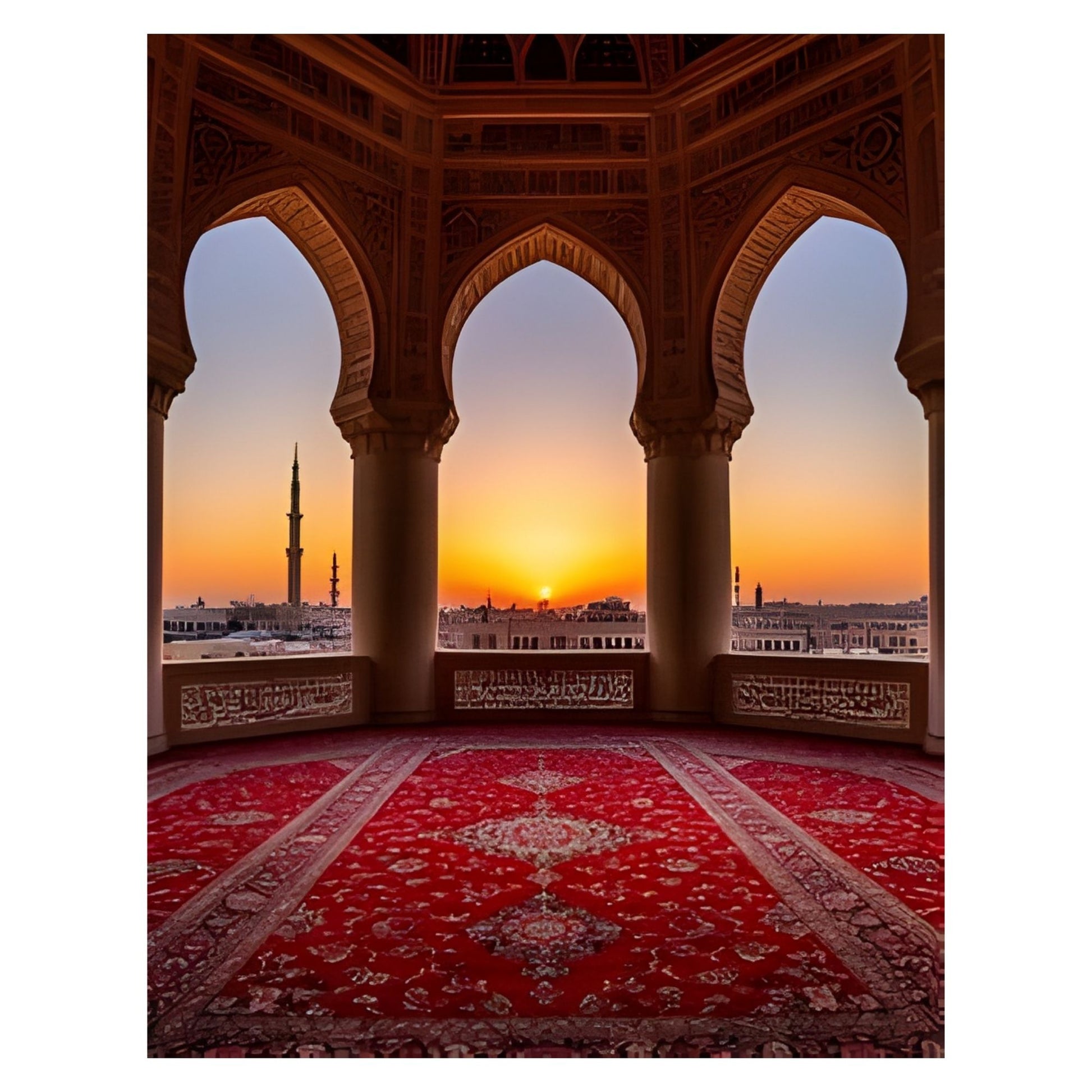 Sunset view from a mosque with red carpet and arches