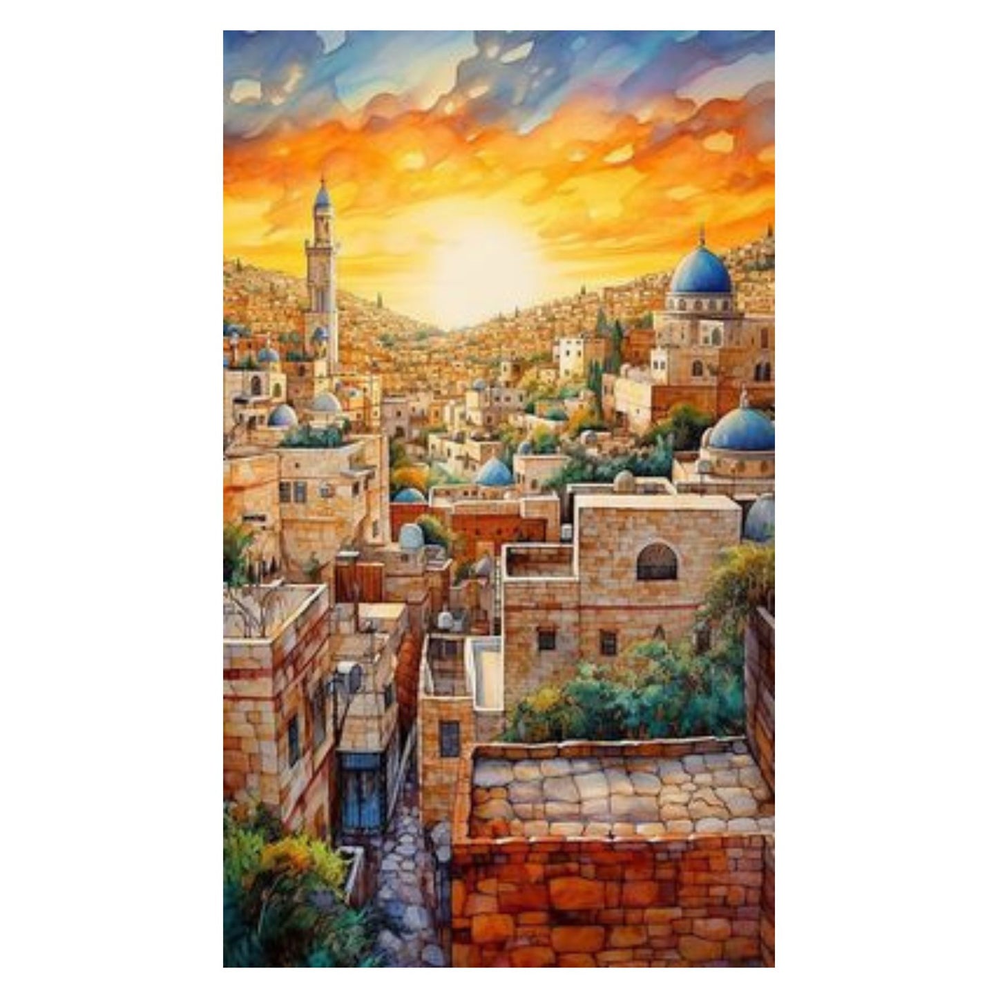 Painting of a cityscape with buildings and a sunset