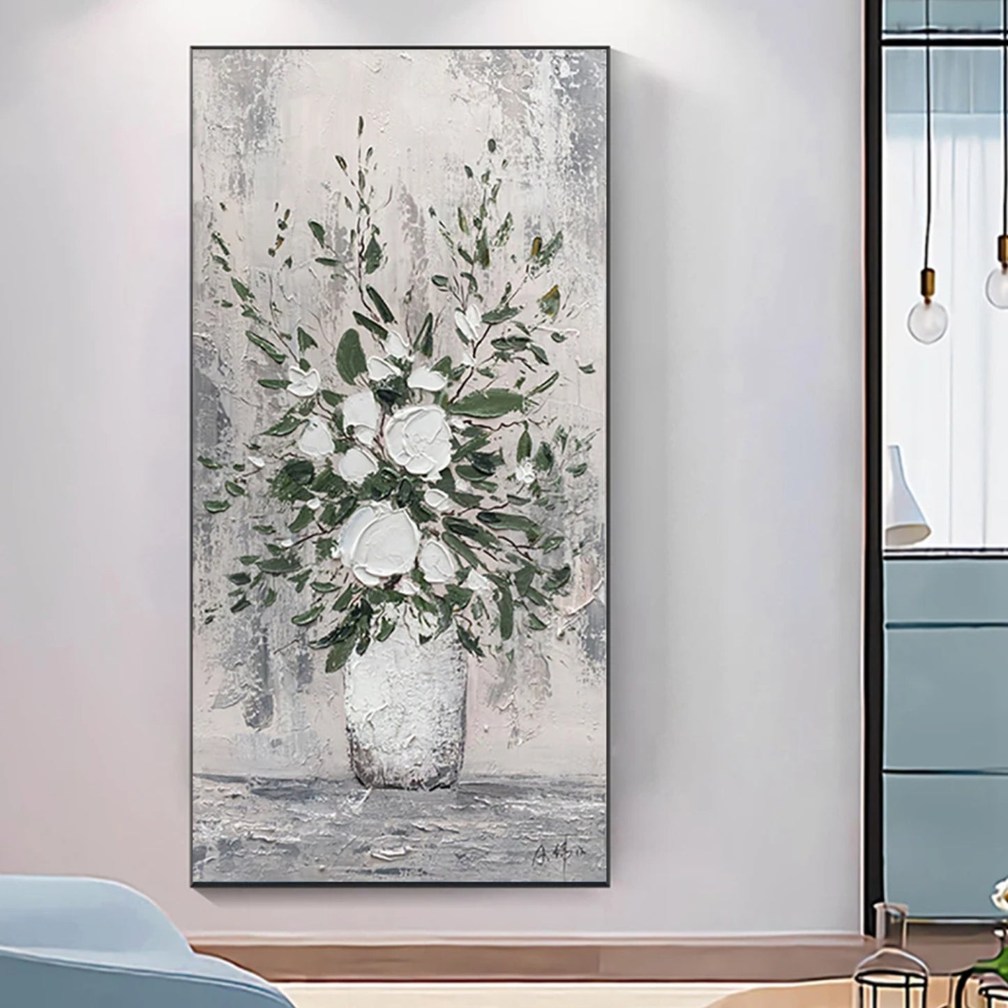 Nordic White Floral Vase Palette Knife Textured Oil Painting