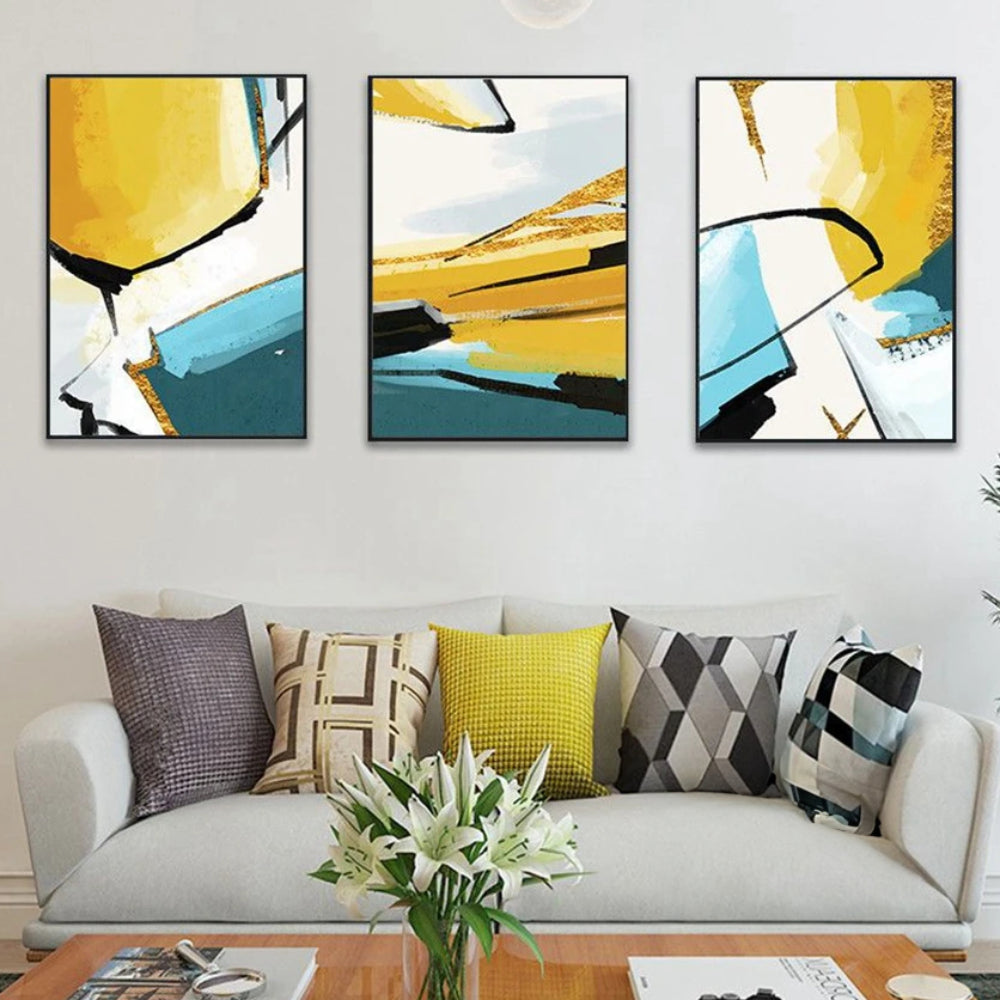 Yellow Blue Colour Splash Nordic 3 Canvas Painting