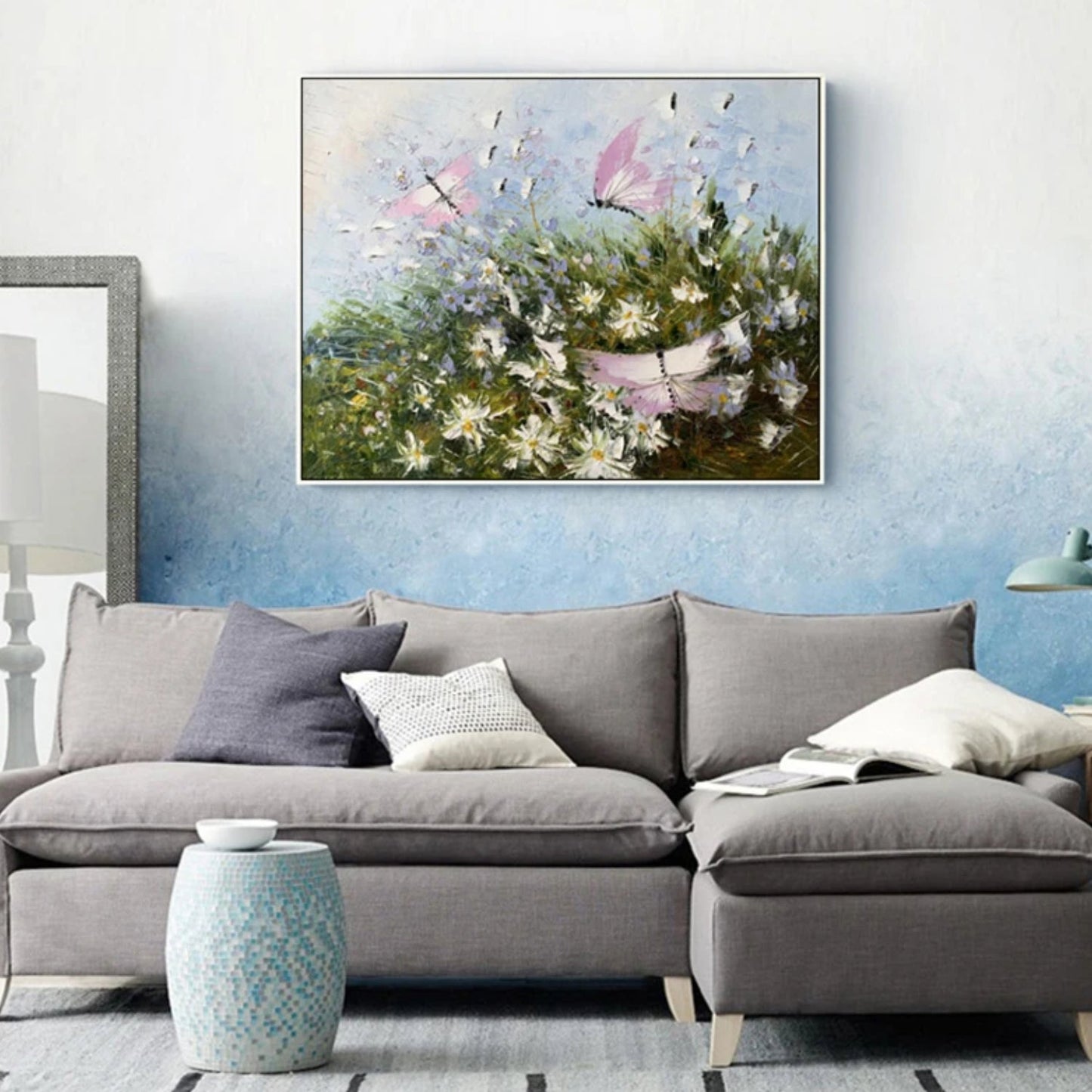 Textured Meadow with Butterflies Nature Canvas Art